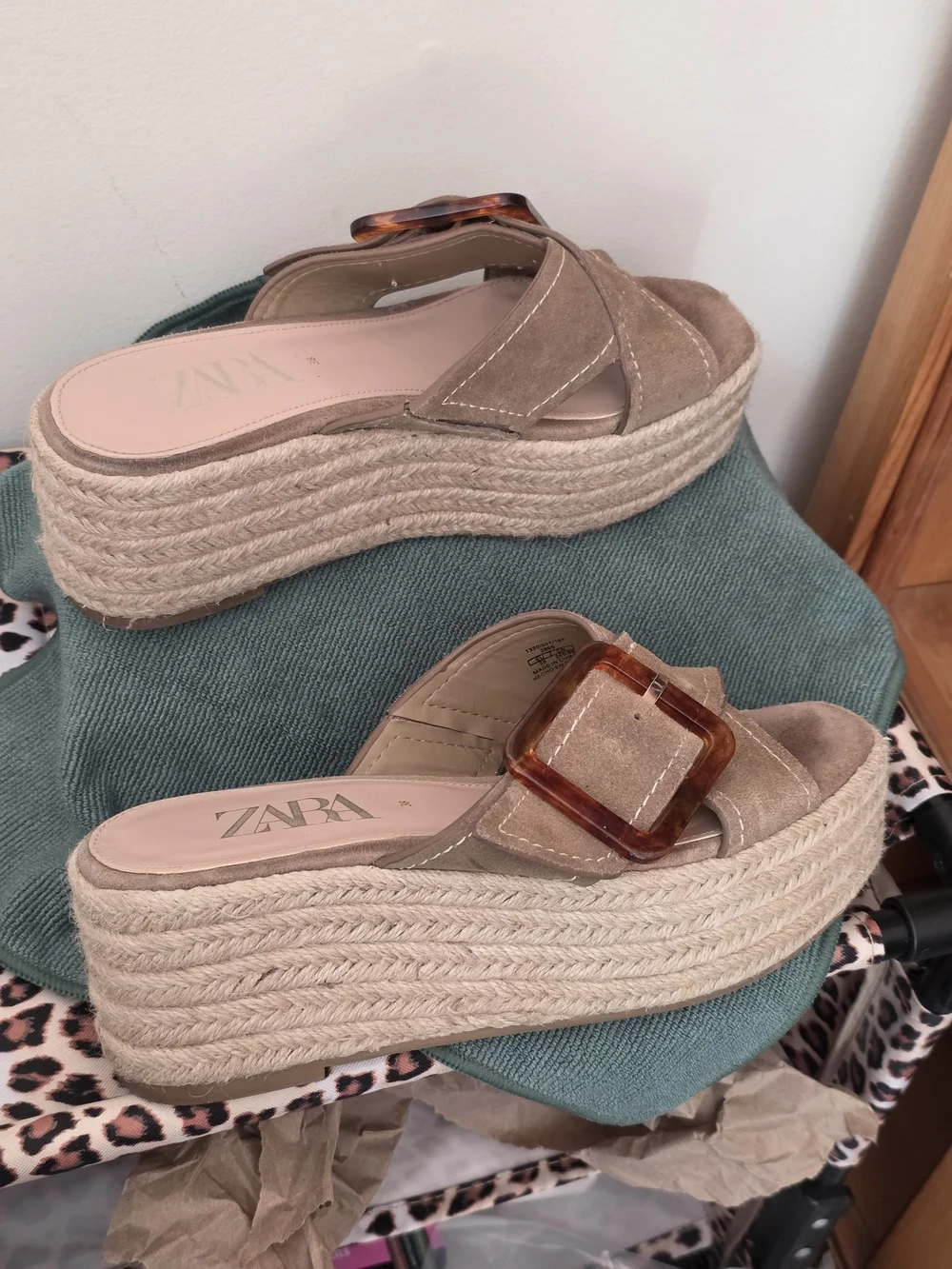 Zara Suede Platform Espadrille Slides Tortoise Buckle EU 38 7.5-8